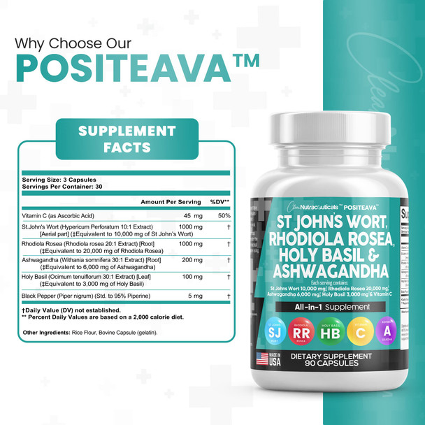 Clean Nutraceuticals St Johns Wort 10000Mg Rhodiola Rosea 20000Mg Holy Basil 3000Mg Ashwagandha 6000Mg - Mood Support For Women