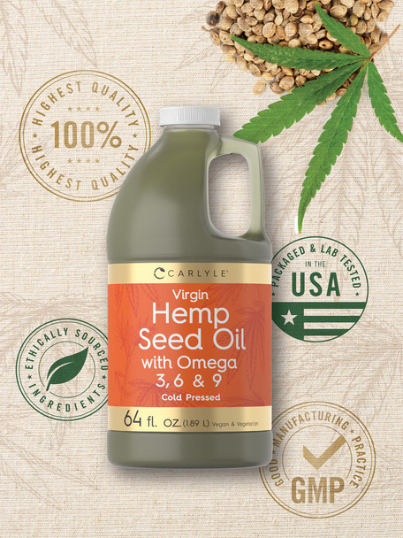 Carlyle Hemp Seed Oil | 64 Fl Oz | Virgin, Cold Pressed | With Omega 3, 6, 9 | Vegan, Non-Gmo, Gluten Free