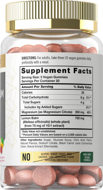 Magnesium Gummies | 200Mg | 60 Vegan Gummies | Vegan, Non-Gmo, And Gluten Free Formula | Natural Lemon Raspberry Flavor | By Carl