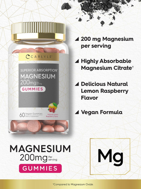 Magnesium Gummies | 200Mg | 60 Vegan Gummies | Vegan, Non-Gmo, And Gluten Free Formula | Natural Lemon Raspberry Flavor | By Carl