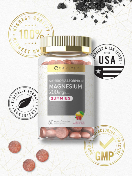 Magnesium Gummies | 200Mg | 60 Vegan Gummies | Vegan, Non-Gmo, And Gluten Free Formula | Natural Lemon Raspberry Flavor | By Carl