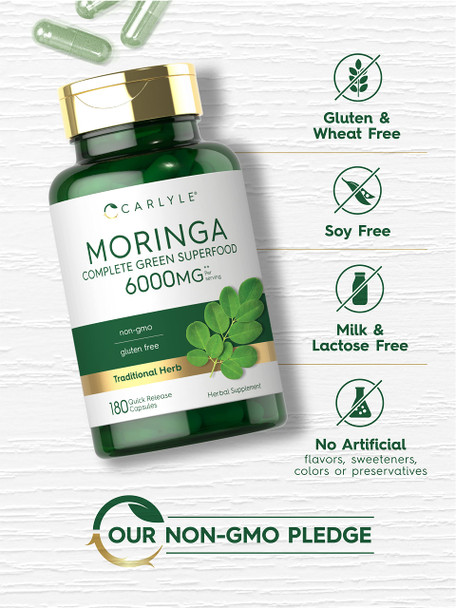 Carlyle Moringa Oleifera | 180 Capsules | Non-Gmo And Gluten Free Supplement | Complete Green Superfood | From Moringa Leaf Powde
