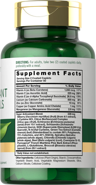 Antioxidants Supplement | 100 Caplets | Nutritional Complex | Vitamin A, C, E | Non-Gmo, Gluten Free Formula | By Carlyle