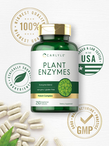 Carlyle Plant Enzymes With Protease, Papain, Lactase And Bromelain | 250 Capsules | Multi Enzyme Blend | Non-Gmo & Gluten Free