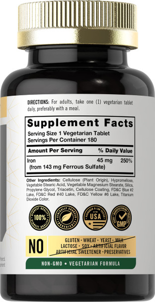 Slow Release Iron 45 Mg | 180 Tablets | Vegetarian, Non-Gmo, And Gluten Free Formula | Ferrous Sulfate Mineral Supplement