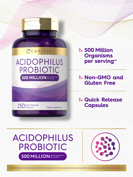 Carlyle Acidophilus Probiotic | 500 Million Cfu | 250 Capsules Non-Gmo & Gluten Free | Probiotic For Men & For Women