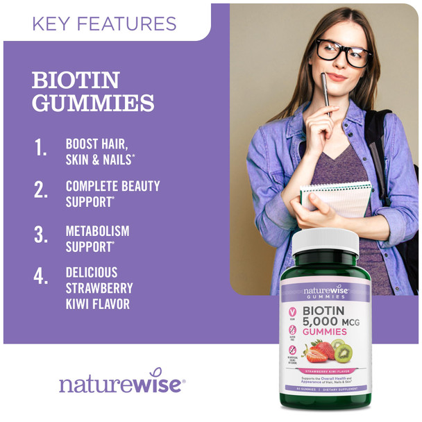 Naturewise Biotin Gummies - Beauty And Wellness Support For Hair, Skin, And Nails 5000Mcg | Strawberry Kiwi Flavor Gummies 60