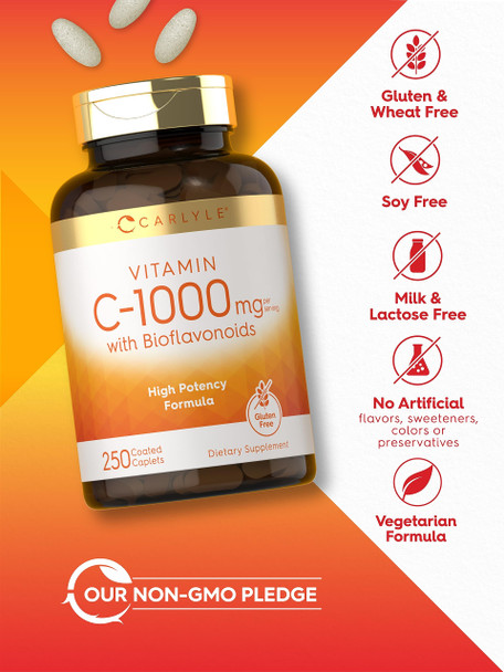 Carlyle Vitamin C 1000Mg With Bioflavonoids | 250 Caplets | With Rose Hips | Vegetarian, Non-Gmo, Gluten Free