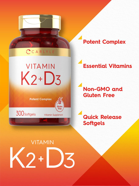 Carlyle Vitamin K2 And D3 Supplement | 300 Softgels | 200Mcg K2 Mk7 & 250Mcg D3 | Non-Gmo, Gluten Free