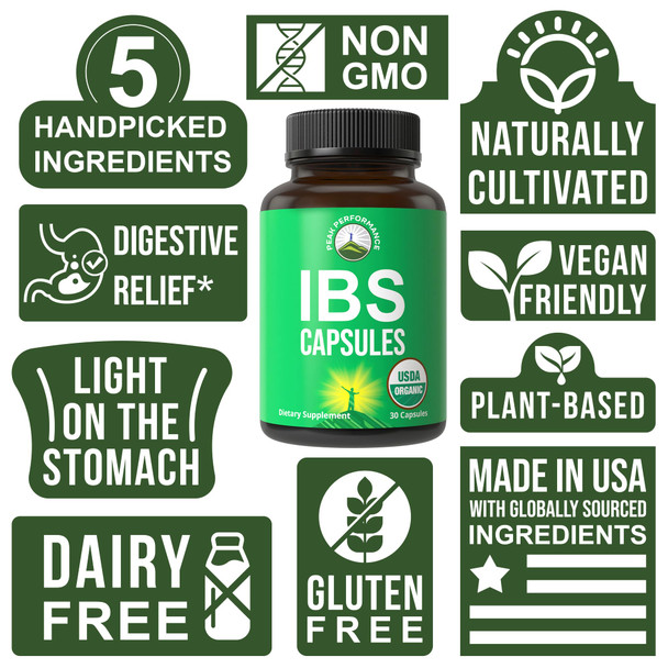 Usda Organic Ibs Capsules For Relief, Ingestion, Bloating, Gas. Irritable Bowel Supplement With 5 Handpicked Organic Ingredients