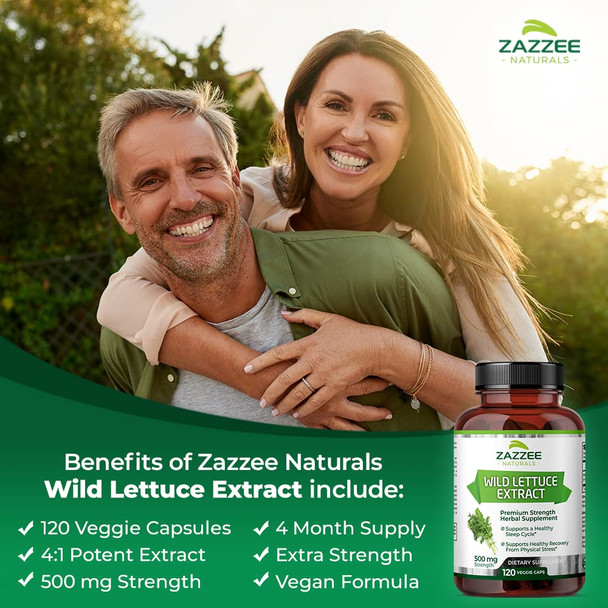 Zazzee Extra Strength Wild Lettuce 4:1 Extract, 500 Mg Strength, 120 Vegan Capsules, Potent Lactuca Virosa Variety, Standardized