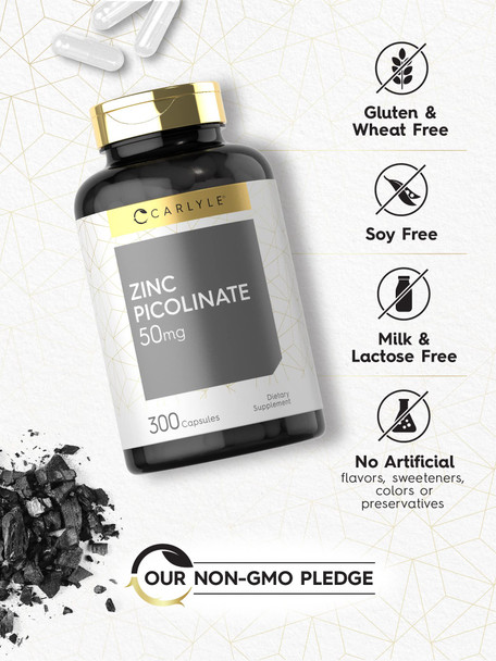Zinc Picolinate 50Mg | 300 Capsules | Value Size | Non-Gmo And Gluten Free Supplement | By Carlyle