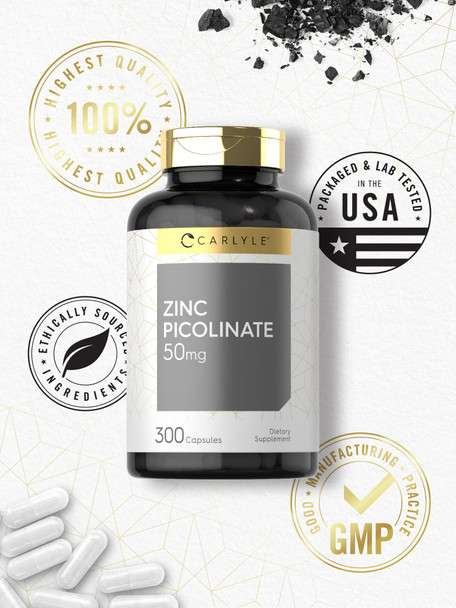 Zinc Picolinate 50Mg | 300 Capsules | Value Size | Non-Gmo And Gluten Free Supplement | By Carlyle