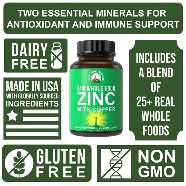 Raw Whole Food Zinc With Copper + 25 Vegetables And Fruit Blend For Max Absorption. Immune Support Supplement Capsules. Two Essen