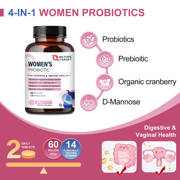 Probiotics-For-Women, Probiotics And Prebiotics, Cranberry And D-Mannose, 50-Billion-Cfus, Organic Probiotics For Digestive Healt