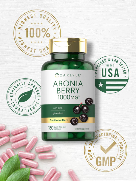 Aronia Berry | 1000Mg Capsules | 180 Count | Non-Gmo, Gluten Free | By Carlyle