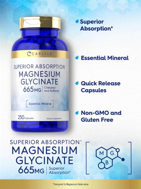 Magnesium Glycinate | 665 Mg | 250 Capsules | Non-Gmo And Gluten Free Formula | Essential Buffered Mineral Supplement | By Carlyl
