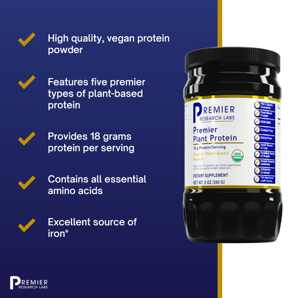 Premier Research Labs Plant Protein - Contains Organic Pea, Rice, Pumpkin Seed & Quinoa Seed Protein - Plant-Based, Vegan & Dairy