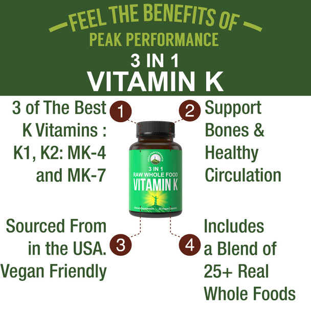 Peak Performance Raw Whole Food Vitamin K Vegan Capsules Supplement Usa Sourced Vitamins K1, K-2 Mk4 + K2 Natto Mk7 And 25 Vegeta