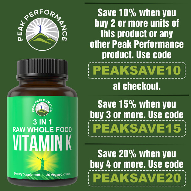 Peak Performance Raw Whole Food Vitamin K Vegan Capsules Supplement Usa Sourced Vitamins K1, K-2 Mk4 + K2 Natto Mk7 And 25 Vegeta