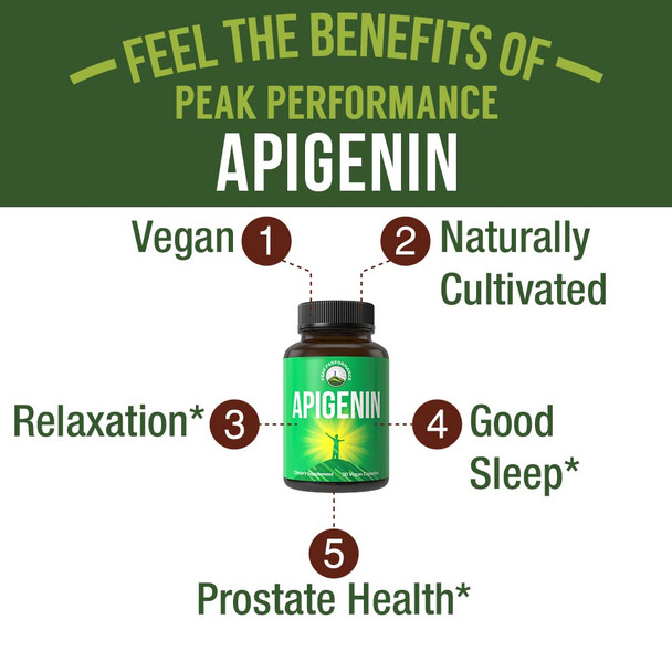 Peak Performance Apigenin Supplement Powerful Vegan Bioflavonoid Capsules For Relaxation, Sleep, Prostate Support. Non Gmo