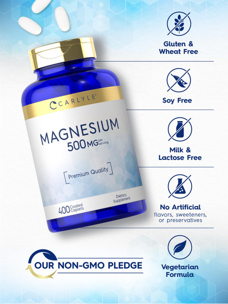 Magnesium 500Mg | 400 Coated Caplets | Vegetarian, Non-Gmo, And Gluten Free Supplement | By Carlyle