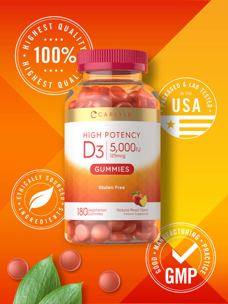 Carlyle Vitamin D Gummies | 5000Iu | 180 Count | Vegetarian, Non-Gmo, And Gluten Free Formula | High Potency Vitamin D3 Supplemen