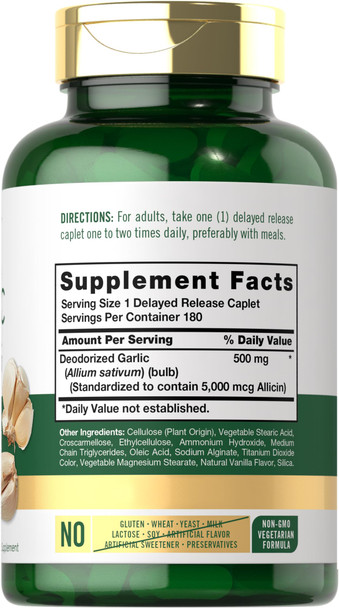 Carlyle Garlic Supplement With High Allicin | 180 Caplets | Odorless Garlic Pills | Vegetarian, Non-Gmo, Gluten Free