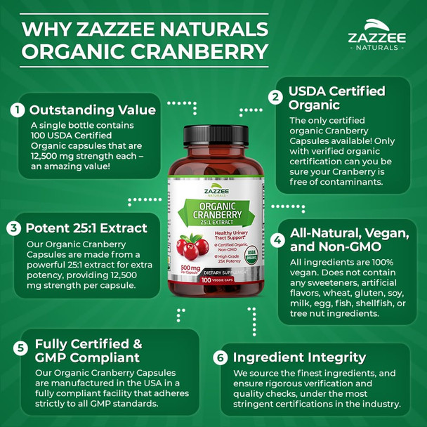 Zazzee Usda Organic Cranberry 25:1 Extract, 12,500 Mg Strength, 100 Vegan Capsules, Over 3 Month Supply, Standardized, Concentrat