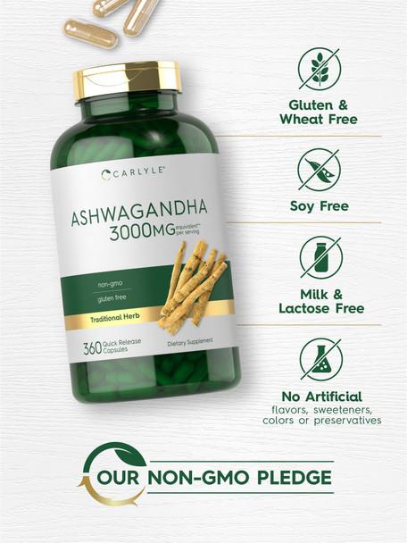 Ashwagandha Supplement 3000Mg | 360 Capsules | Root Extract Supplement | Non-Gmo, Gluten Free | By Carlyle