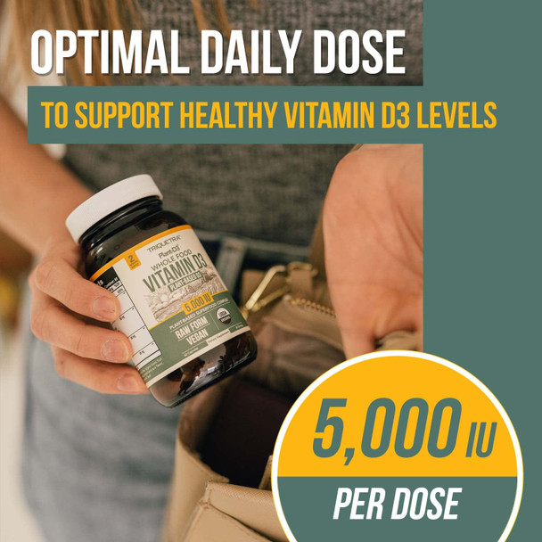 Organic Vitamin D3 5,000 Iu - 100% Whole Food & Plant-Based Cholecalciferol Form, 100% Vegan Vitamin D - Enhanced With Prebiotic