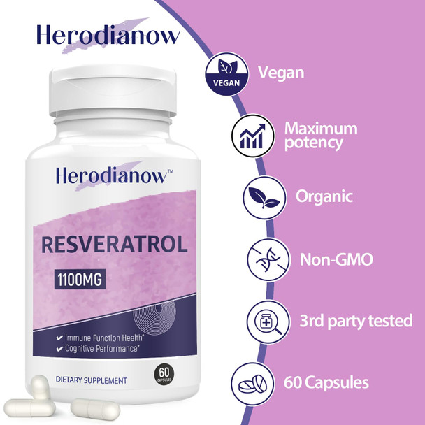 Herodianow Ultra High Purity Resveratrol, 1100Mg Trans-Resveratrol Supplement, Aging, Immune System, 60 Capsule(Pack Of 1)