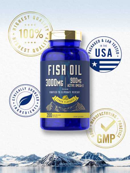 Fish Oil 3000Mg | 900Mg Omega 3 | 200 Softgels | Lemon Flavor | Non-Gmo And Gluten Free Supplement