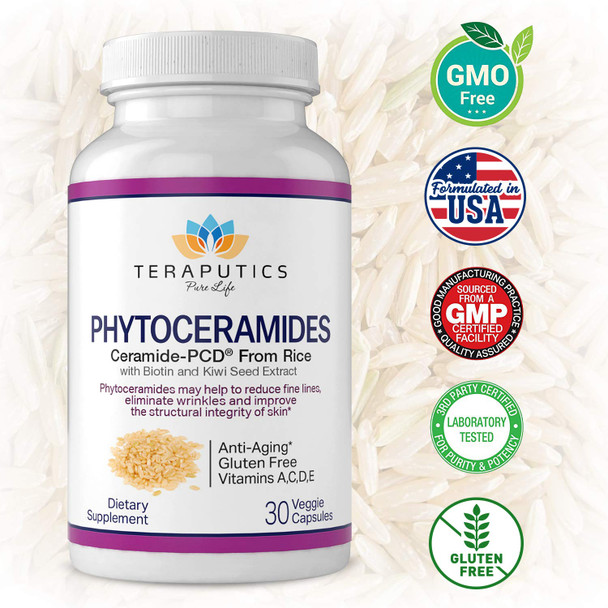 Phytoceramides Ceramide-Pcd® Made From Rice - W/ Biotin And Kiwi Seed - Non Gmo Gluten Free Hair Skin And Nails Vitamin, Reduce