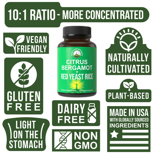 Peak Performance Citrus Bergamot + Red Yeast Rice. 2-In-1 Supplement. High Strength 10:1 Bergamot Extract. No Gluten, Zero Sugar