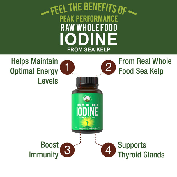 Iodine From Organic Kelp By Peak Performance - Thyroid And Metabolism Support, High Potency Iodide, Energy Boosting, 60 Vegan Cap