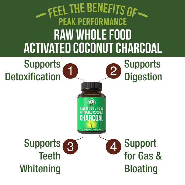 Peak Performance Activated Charcoal Vegan Capsules From Wild Harvested Coconut Shells. Best Safe Charcoal Pills Supplement
