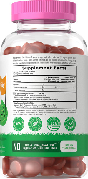 Vegan Omega 3 6 7 9 Gummies For Kids | 120 Count | Natural Peach Flavor | Non-Gmo, Gluten Free, And Sugar Free | By Lil' Sprouts