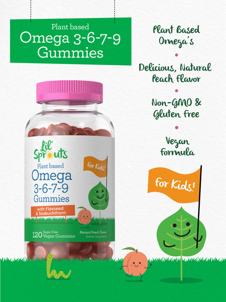 Vegan Omega 3 6 7 9 Gummies For Kids | 120 Count | Natural Peach Flavor | Non-Gmo, Gluten Free, And Sugar Free | By Lil' Sprouts