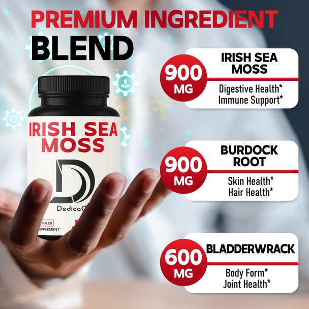 Dedicad 2400Mg Organic Irish Sea Moss Capsules Combined With Burdock & Bladderwrack - Seamoss Pills Support For Digestive Health