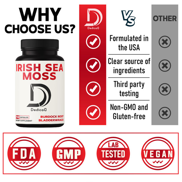 Dedicad 2400Mg Organic Irish Sea Moss Capsules Combined With Burdock & Bladderwrack - Seamoss Pills Support For Digestive Health