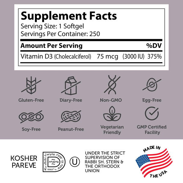 Zahler Vitamin D3 3000Iu, Vitamin D3 Supplement 3,000 Iu, Certified Kosher (250 Softgels)