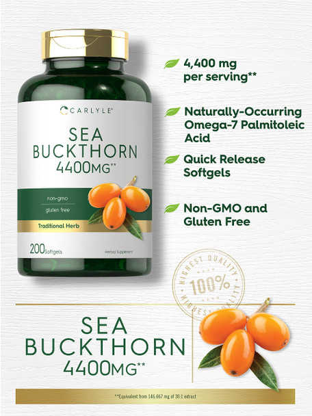 Sea Buckthorn Oil Capsules 4400Mg | 200 Softgels | Non-Gmo, Gluten Free | Sea Buckthorn Berry Oil Supplement | By Carlyle
