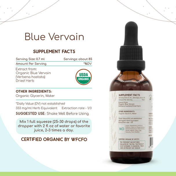 Blue Vervain B60 Alcohol-Free Herbal Extract Tincture, Concentrated Liquid Drops Natural Usda Organic Blue Vervain (Verbena Hasta
