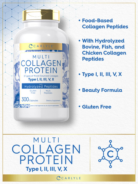 Carlyle Multi Collagen Protein Capsules 2000Mg | 300 Count | Type I, Ii, Iii, V, X | Collagen Peptide Pills | Keto & Paleo Friend