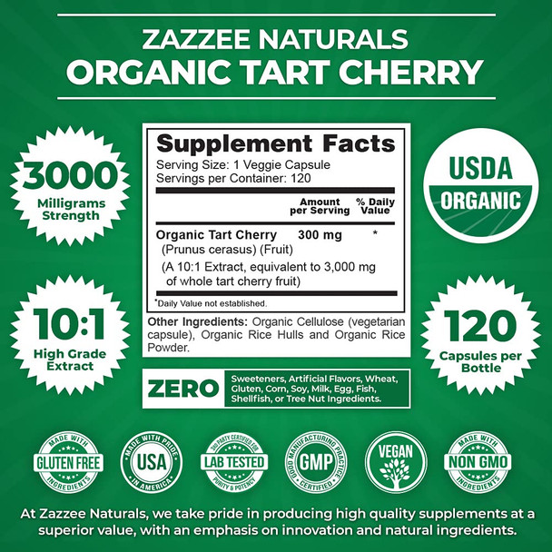 Zazzee Usda Organic Tart Cherry 10:1 Extract, 3000 Mg Strength, 120 Vegan Capsules, 4 Month Supply, Standardized, Concentrated 10