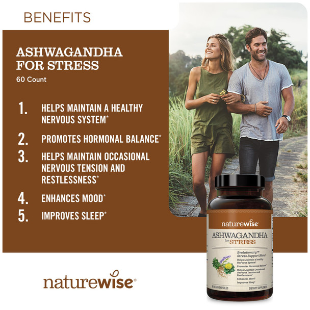 Naturewise Ashwagandha For Stress | Calming Ksm-66 Herbal Supplement Extract + Gaba, L-Theanine, Rhodiola Rosea, Light Brown, 60