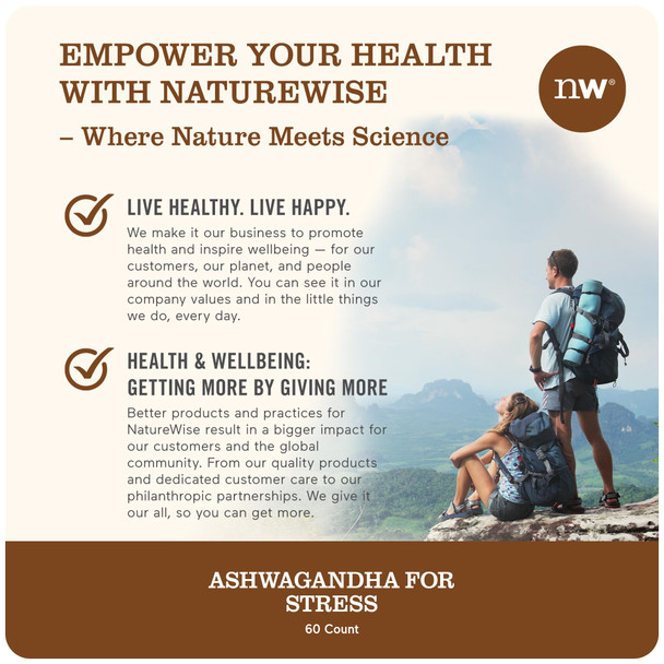 Naturewise Ashwagandha For Stress | Calming Ksm-66 Herbal Supplement Extract + Gaba, L-Theanine, Rhodiola Rosea, Light Brown, 60