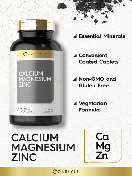 Calcium Magnesium Zinc | 400 Caplets Value Size | Vegetarian, Non-Gmo, Gluten Free Supplement | By Carlyle