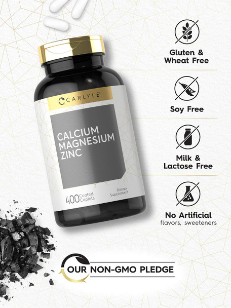 Calcium Magnesium Zinc | 400 Caplets Value Size | Vegetarian, Non-Gmo, Gluten Free Supplement | By Carlyle